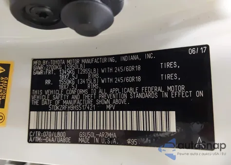 2017 Toyota Highlander Xle из США, поврежденный, VIN 5TDKZRFH9HS517421